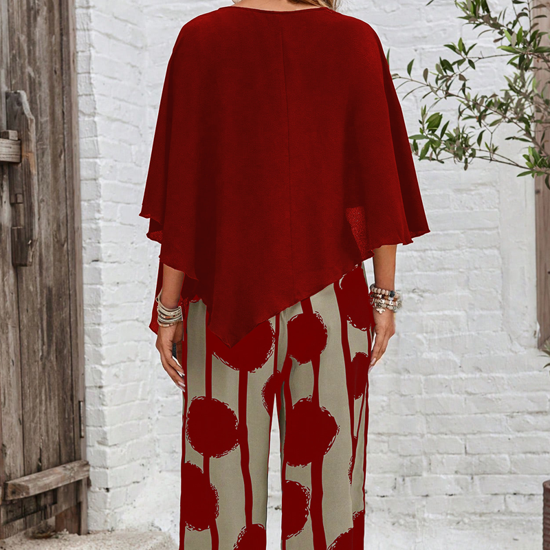 Κομψό σετ με τοπ με μανίκια τριών τετάρτων και παντελόνι με σχέδια-GR