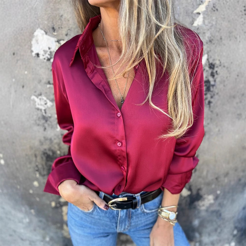 🎊 Poletne novosti🎊 Elegantna satenasta srajca z dolgimi rokavi - GR