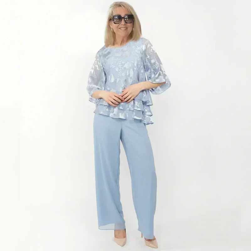 Κομψές γυναικείες μπλούζες με γραβάτες και φαρδιά παντελόνια σε σετ-GR