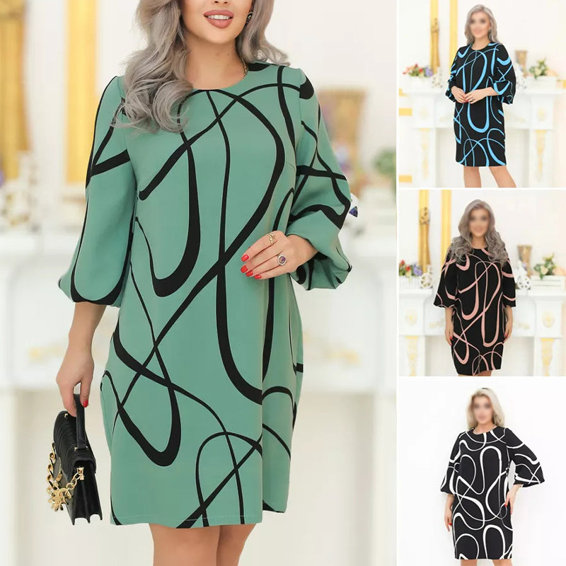 🌸 Raštuota obleka arvalia iškirpte ir septuų ketvirčių rankovėmis-LT