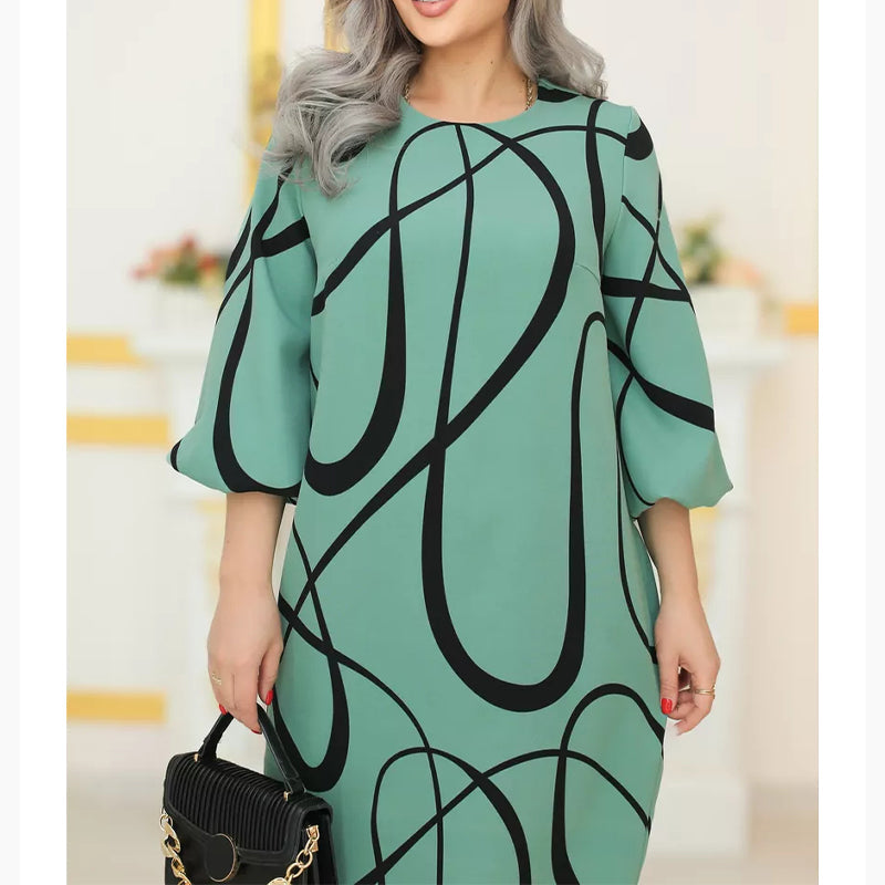 🌸 Raštuota obleka arvalia iškirpte ir septuų ketvirčių rankovėmis-LT