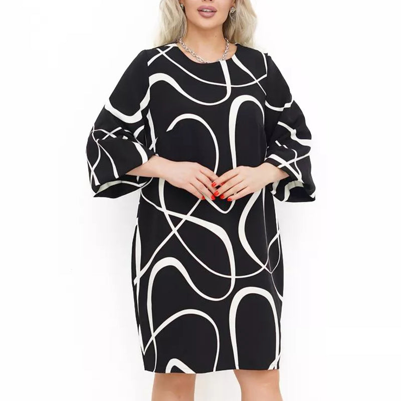 🌸 Raštuota obleka arvalia iškirpte ir septuų ketvirčių rankovėmis-LT