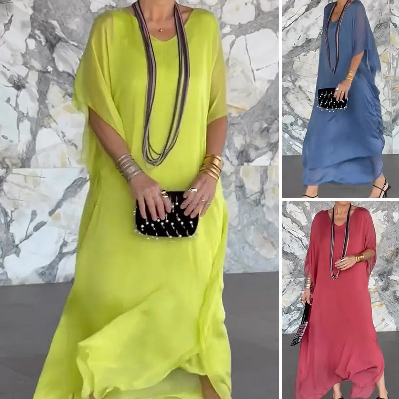 Γυναικείο Φόρεμα Maxi με V-Neck, Αεριζόμενο και Ριχτό Στυλ-GR