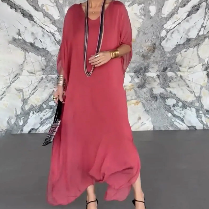 Γυναικείο Φόρεμα Maxi με V-Neck, Αεριζόμενο και Ριχτό Στυλ-GR