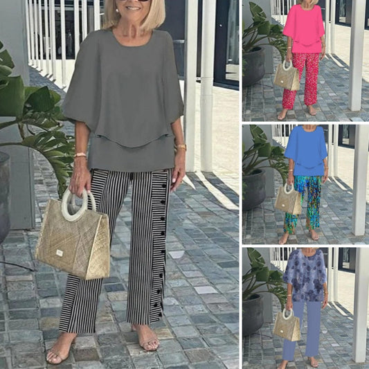 🌸Σετ γυναικείου casual παντελονιού με στρογγυλή λαιμόκοψη και στάμπα με κοντό μανίκι-GR