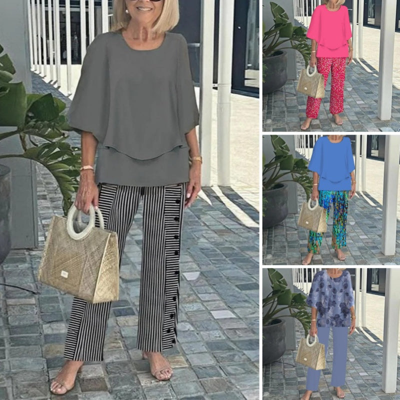 🌸Moteriškas laisvalaikio stiliaus apvalios iškirptės, trumpomis rankovėmis margintas kelnių komplektas-LT