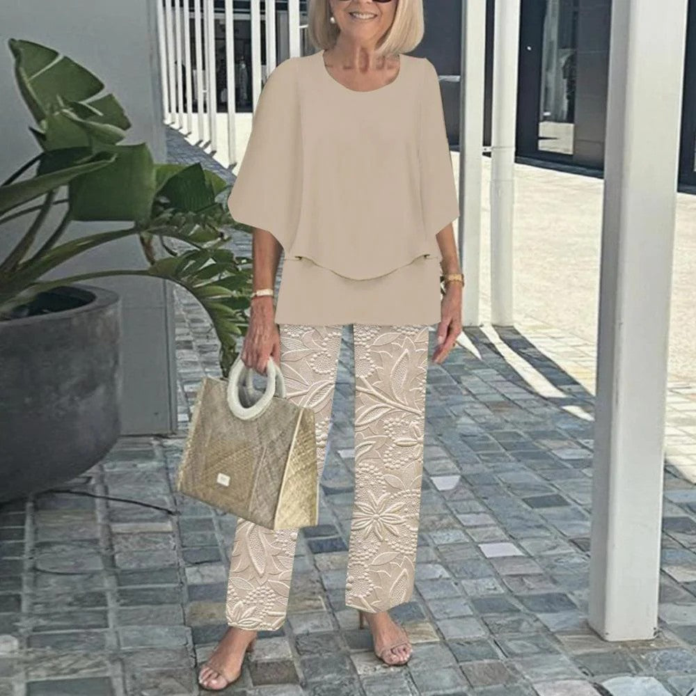 🌸Moteriškas laisvalaikio stiliaus apvalios iškirptės, trumpomis rankovėmis margintas kelnių komplektas-LT