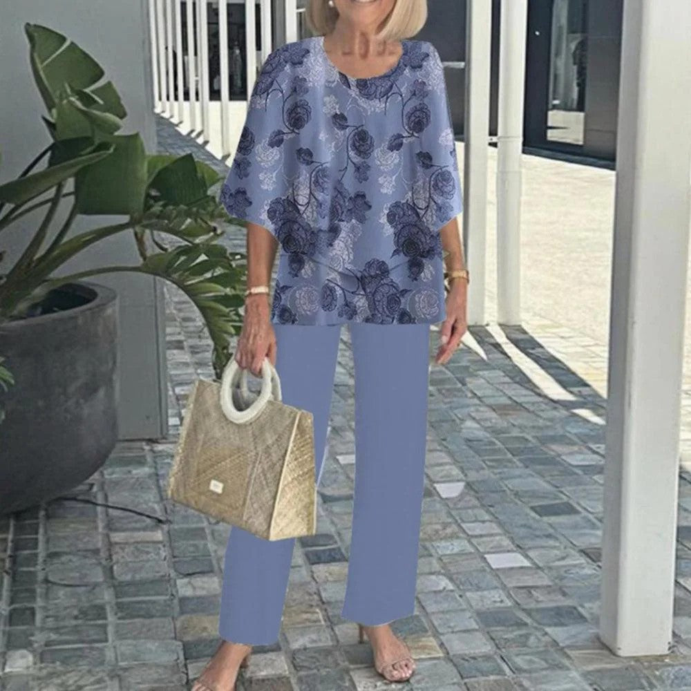 🌸Moteriškas laisvalaikio stiliaus apvalios iškirptės, trumpomis rankovėmis margintas kelnių komplektas-LT