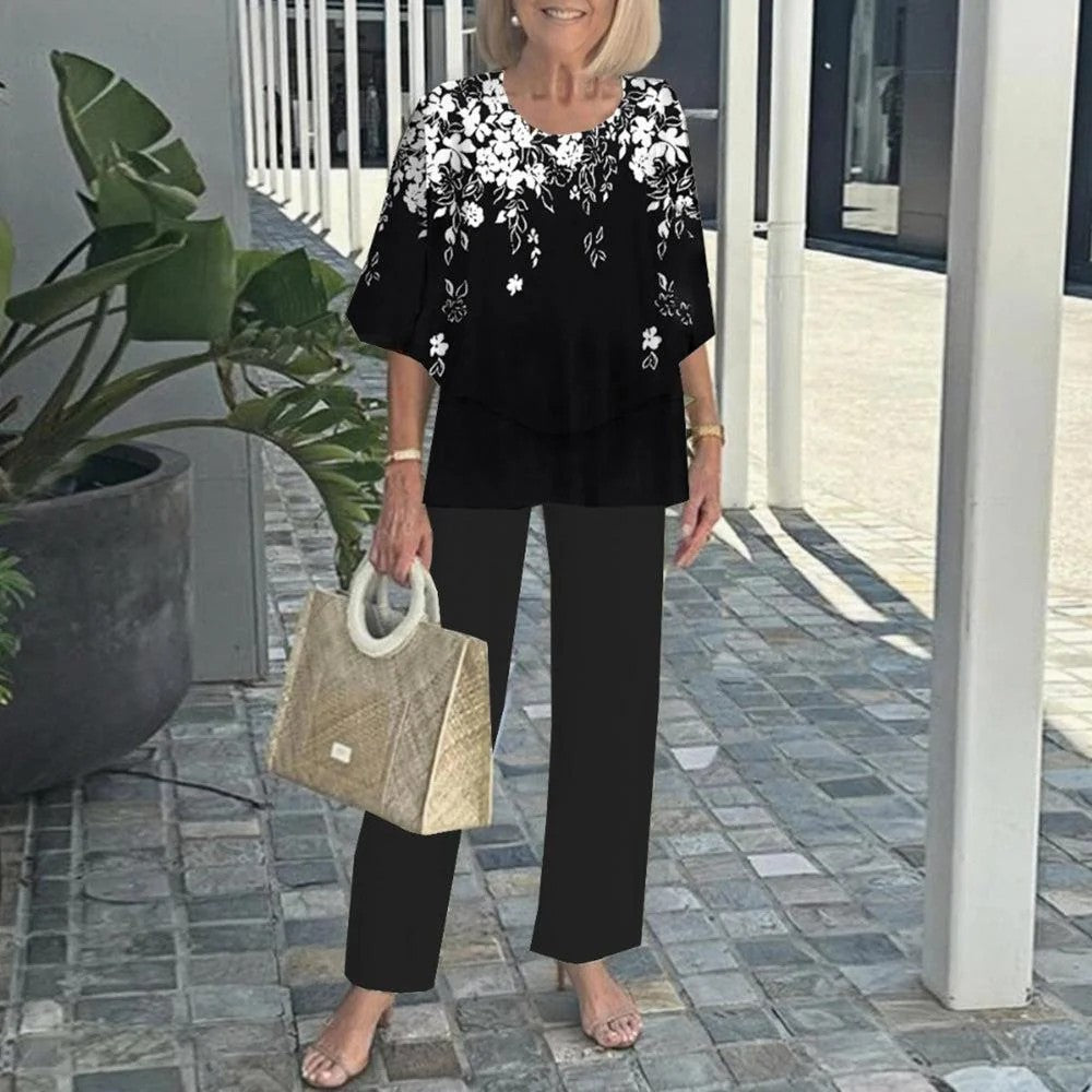 🌸Σετ γυναικείου casual παντελονιού με στρογγυλή λαιμόκοψη και στάμπα με κοντό μανίκι-GR