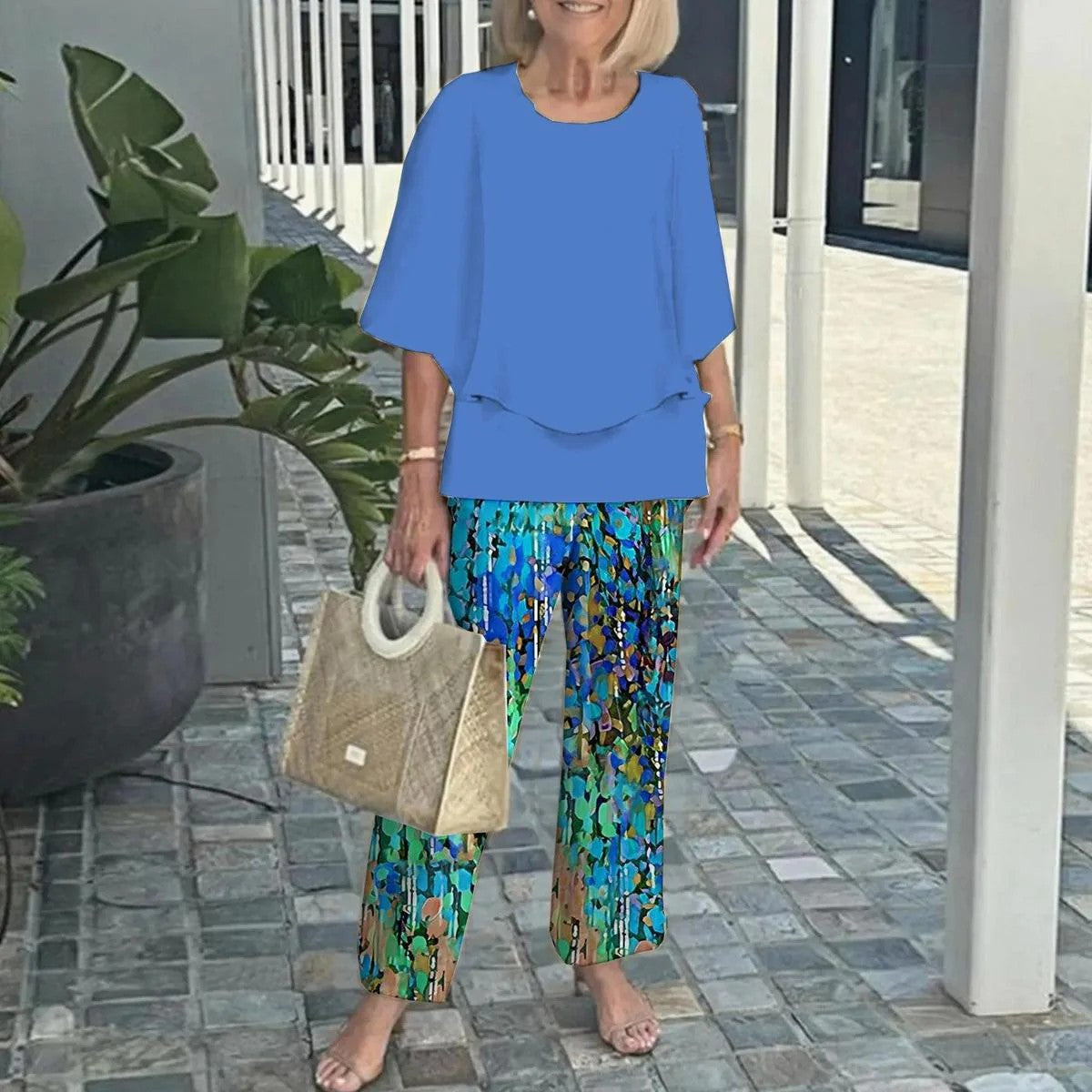 🌸Moteriškas laisvalaikio stiliaus apvalios iškirptės, trumpomis rankovėmis margintas kelnių komplektas-LT