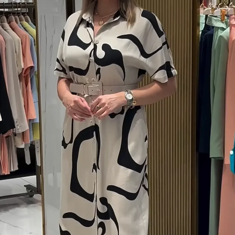 Ženska potiskana obleka s kratkimi rokavi-SI