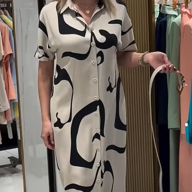 Ženska potiskana obleka s kratkimi rokavi-SI