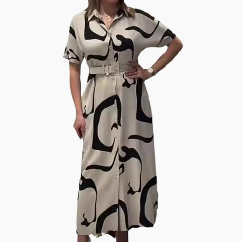 Γυναικείο μακρύ φόρεμα με κοντό μανίκι και στάμπα-GR