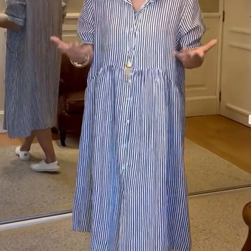 🔥👗 Dryžuota marškinių suknelė su atlapais ir sagomis | Su funkcionaliomis kišenėmis-LT