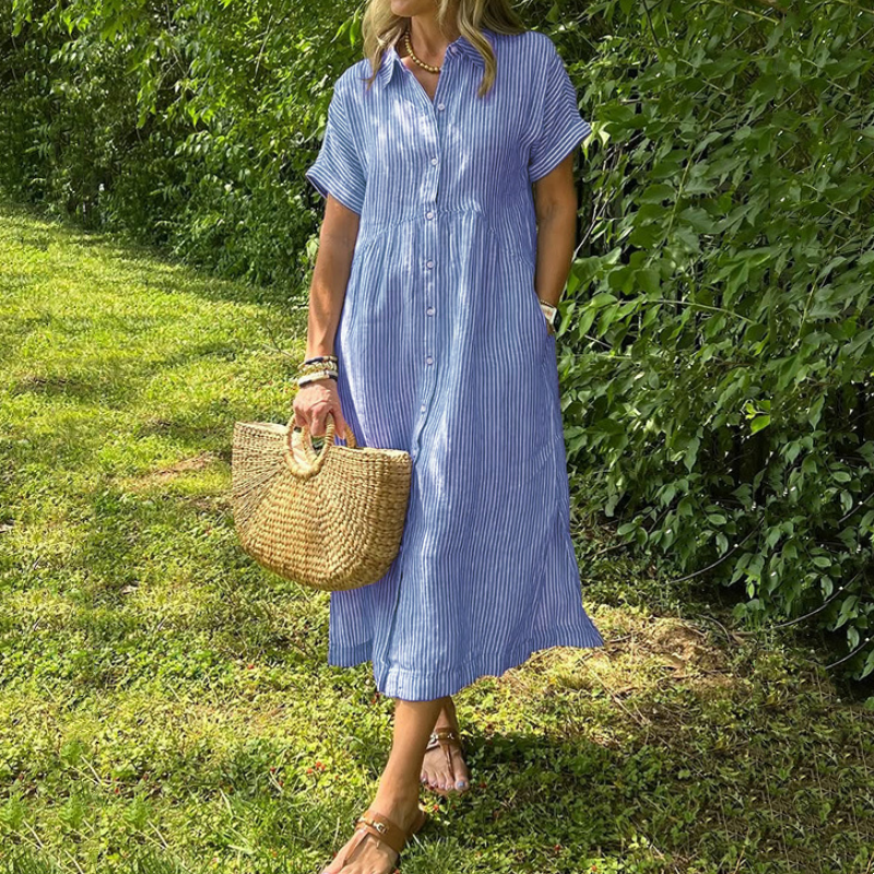 🔥👗 Dryžuota marškinių suknelė su atlapais ir sagomis | Su funkcionaliomis kišenėmis-LT