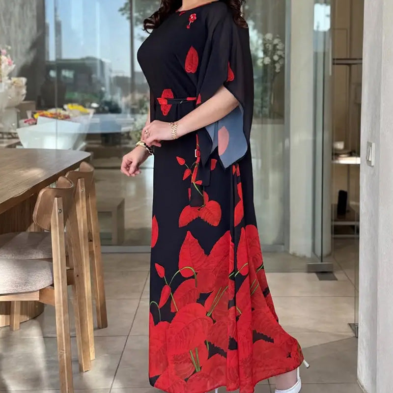 👗 Obleka z okroglim izrezom in pasom 🌸 | Cvetlični potisk | Nastavljiva silhueta-SI