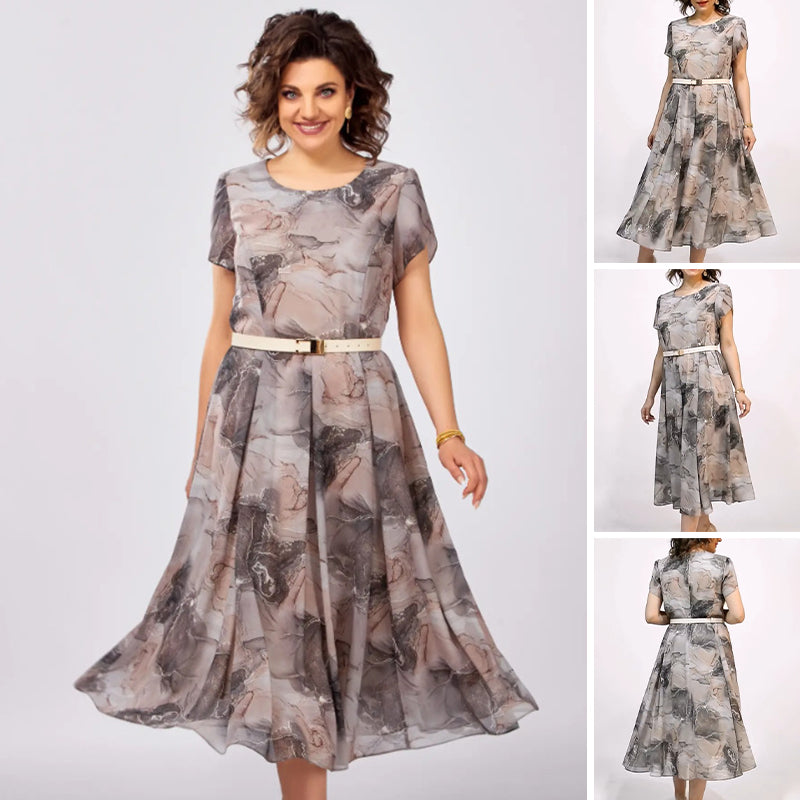 Ženska elegantna midi obleka z okroglim izrezom in kratkimi rokavi-SI