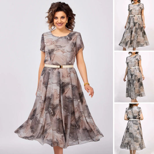 Ženska elegantna midi obleka z okroglim izrezom in kratkimi rokavi-SI