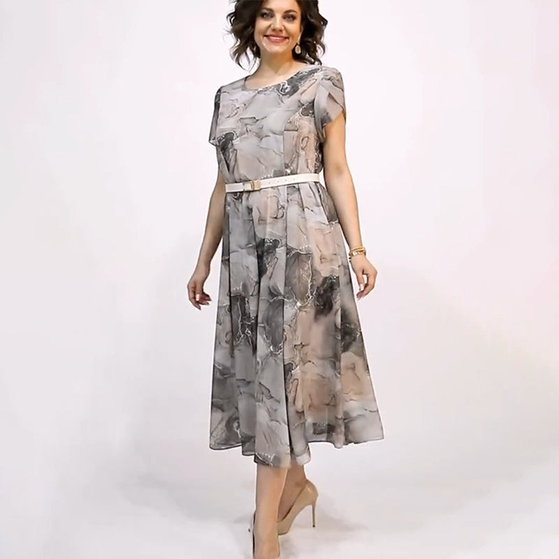 Γυναικείο κομψό φόρεμα μίντι με στρογγυλή λαιμόκοψη και κοντό μανίκι-GR