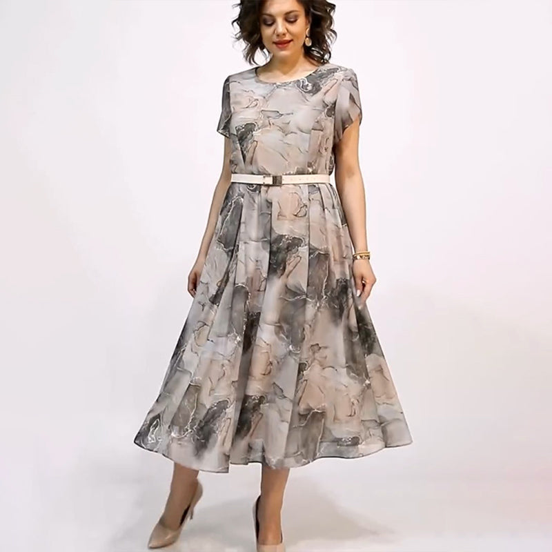 Γυναικείο κομψό φόρεμα μίντι με στρογγυλή λαιμόκοψη και κοντό μανίκι-GR