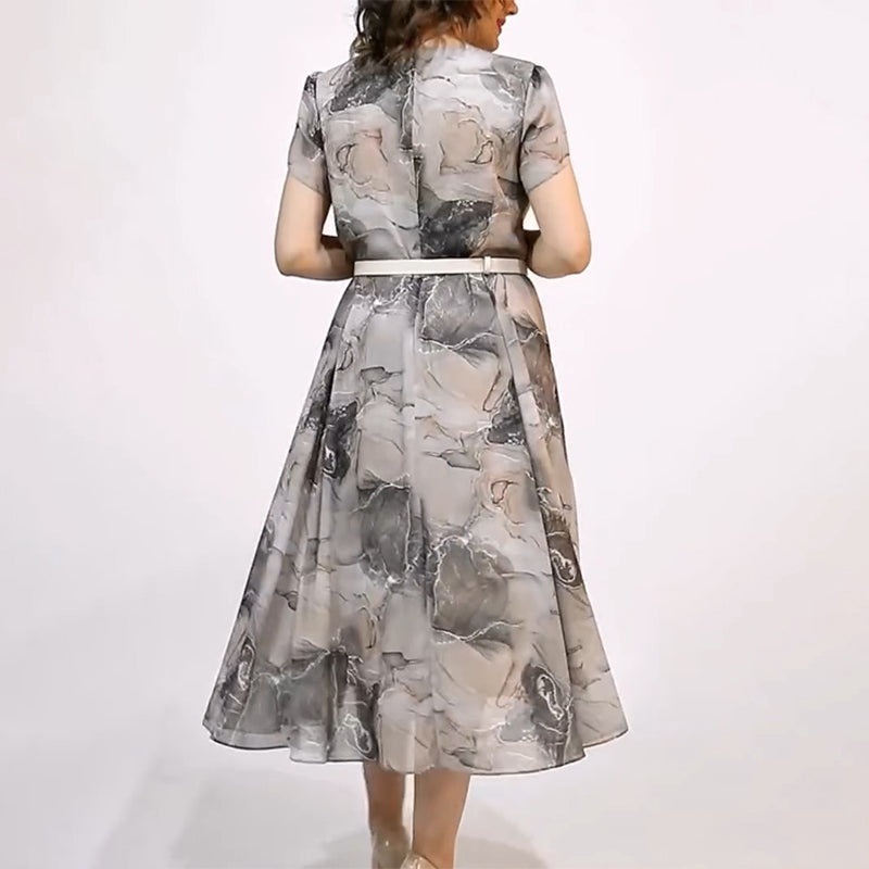 Moteriška elegantiška apvalia kaklo trumpomis rankovėmis midi suknelė-LT