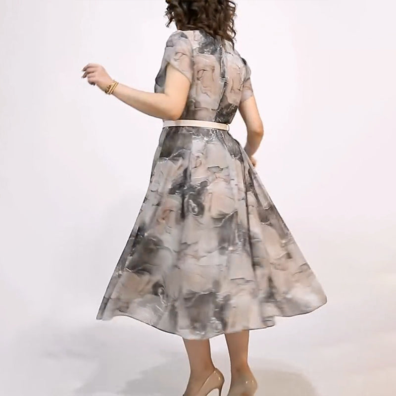 Ženska elegantna midi obleka z okroglim izrezom in kratkimi rokavi-SI