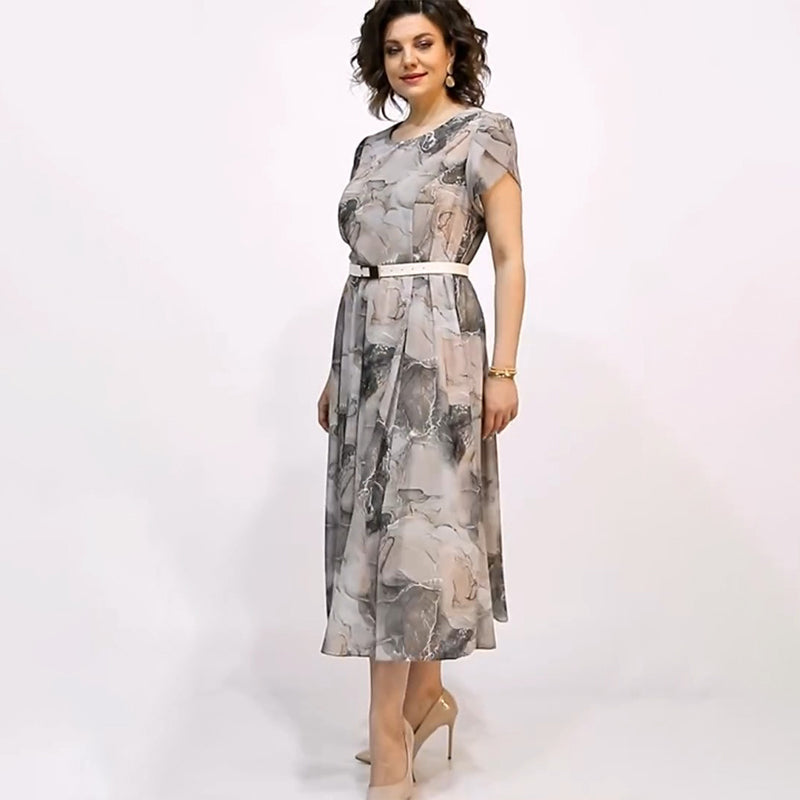 Moteriška elegantiška apvalia kaklo trumpomis rankovėmis midi suknelė-LT