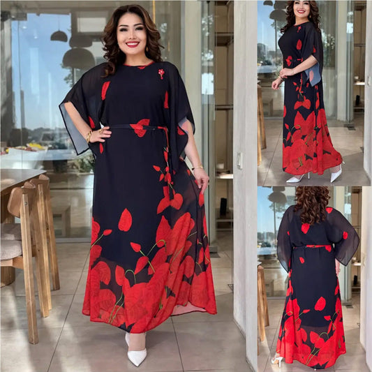 👗 Obleka z okroglim ovratnikom v pasom 🌸 | Cvetlični tisk | Nastavljiva silhueta-SI