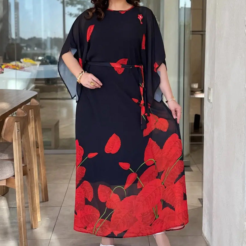 👗 Obleka z okroglim izrezom in pasom 🌸 | Cvetlični potisk | Nastavljiva silhueta-SI