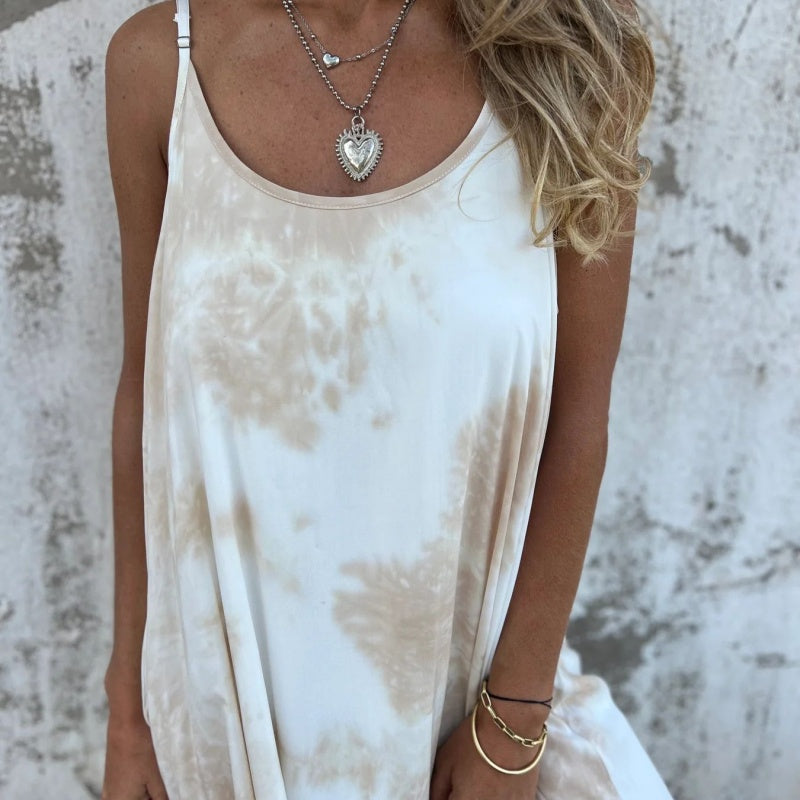 Moteriška dažytų dažų spalvų marginta suknelė su spagečių petnešėlėmis-LT