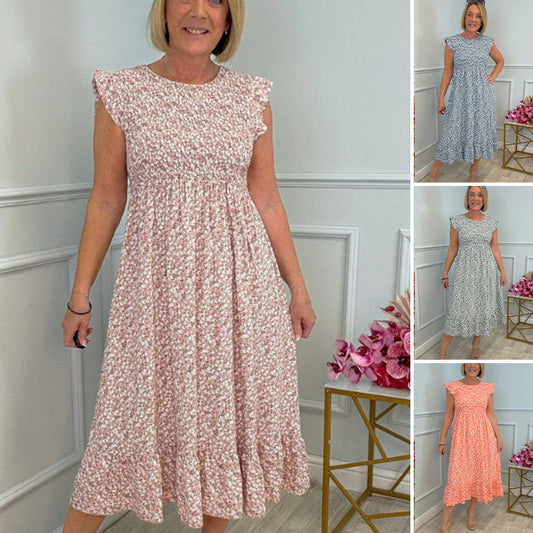 Κομψό γυναικείο φλοράλ φόρεμα με ψηλή μέση και βολάν στο μανίκι-GR