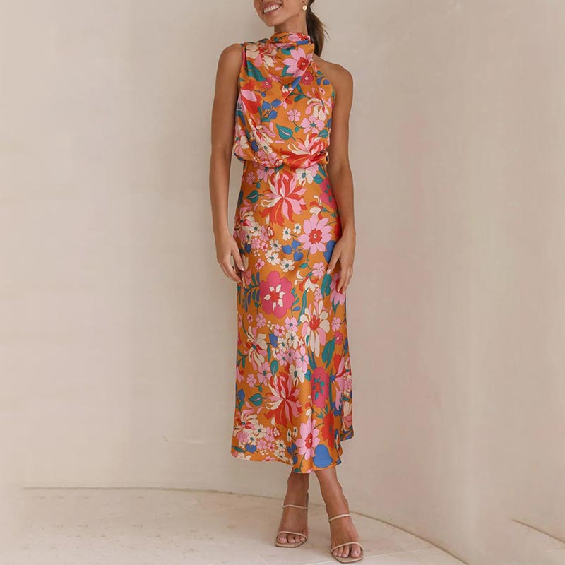 Cvetlična obleka, zavezovanje okoli vratu, elastika v pasu, maksi obleka s satenastim sijajem - GR