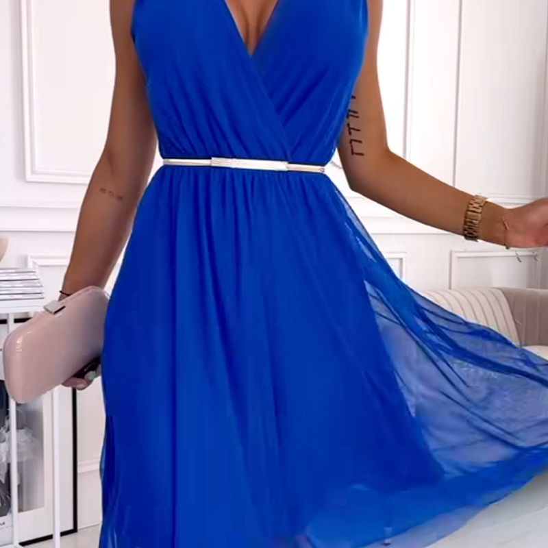 Šifonska obleka z V-izrezom in brez rokavov - GR