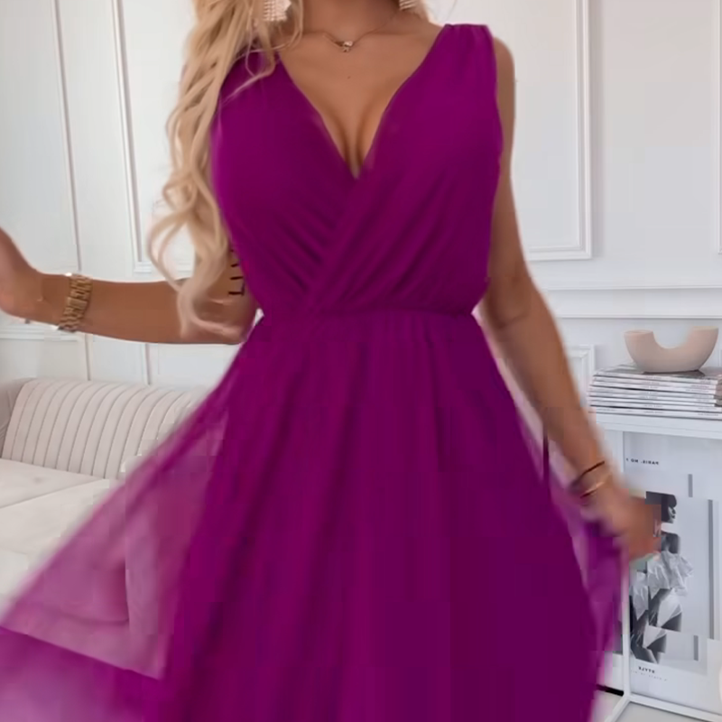 Šifonska obleka z V-izrezom in brez rokavov - GR