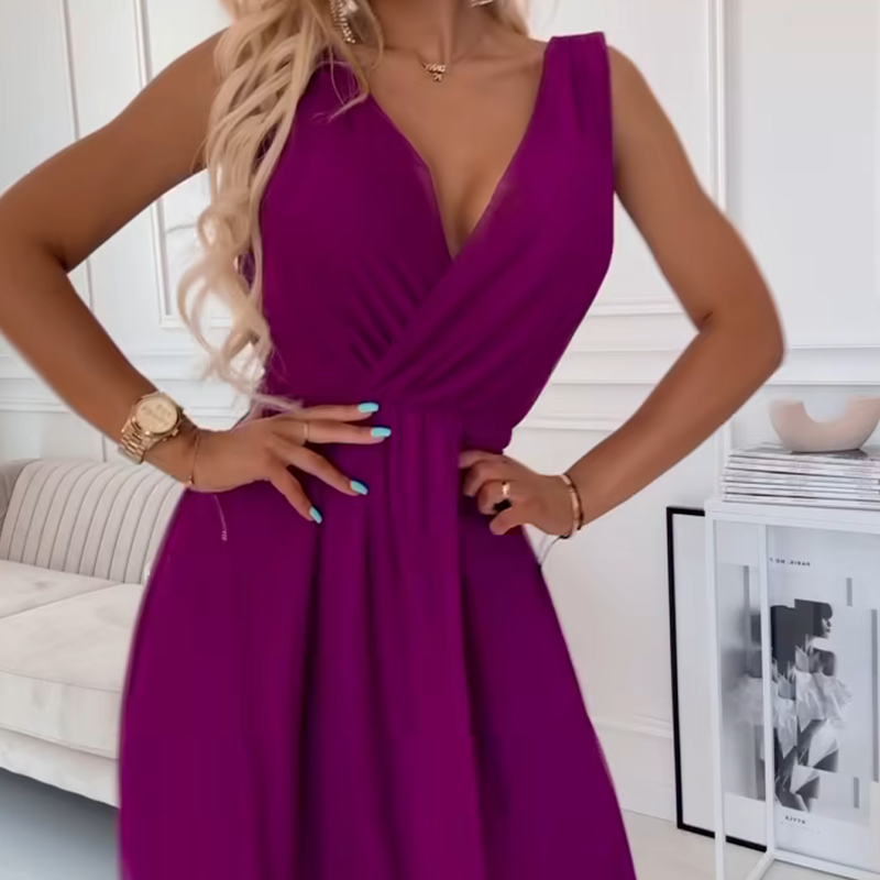 Šifonska obleka z V-izrezom in brez rokavov - GR