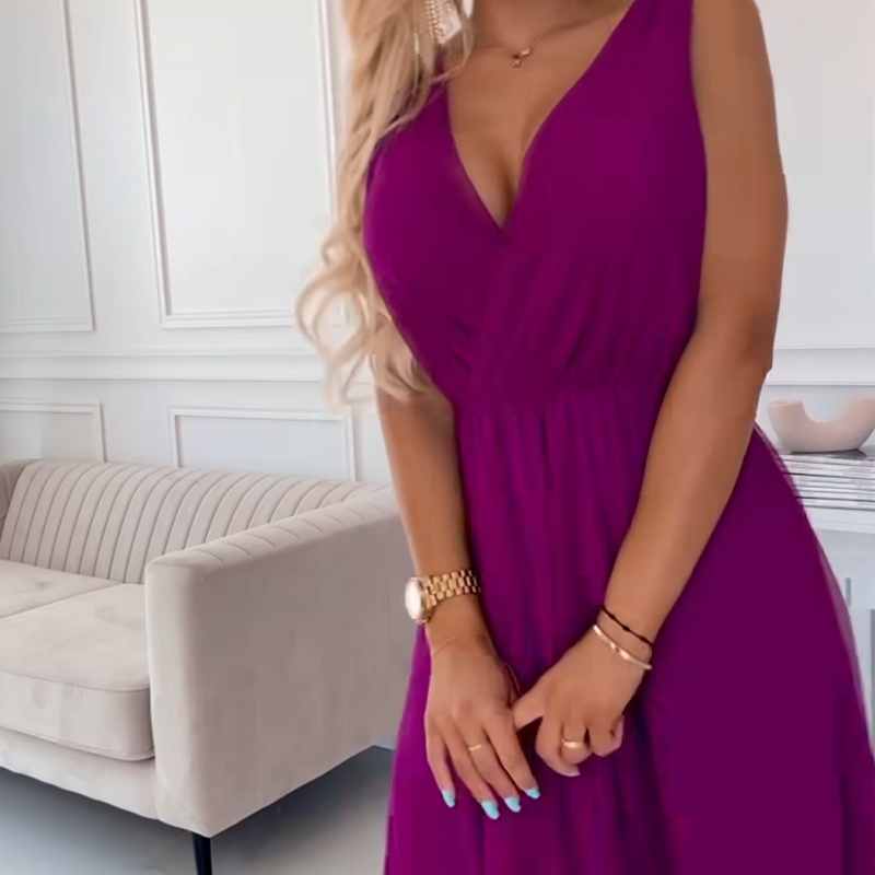 Šifonska obleka z V-izrezom in brez rokavov - GR