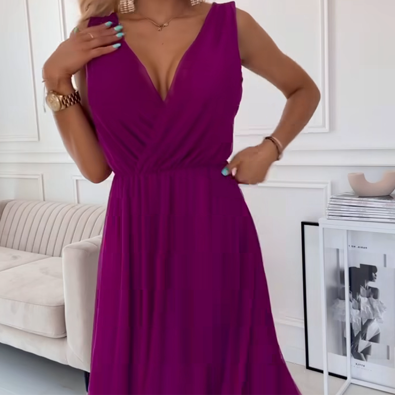 Šifonska obleka z V-izrezom in brez rokavov - GR