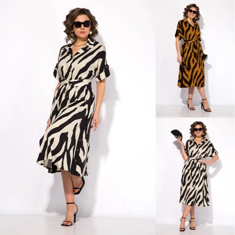 ✨🦓Φόρεμα με V λαιμόκοψη, τυπωμένες ρίγες και μέση-GR