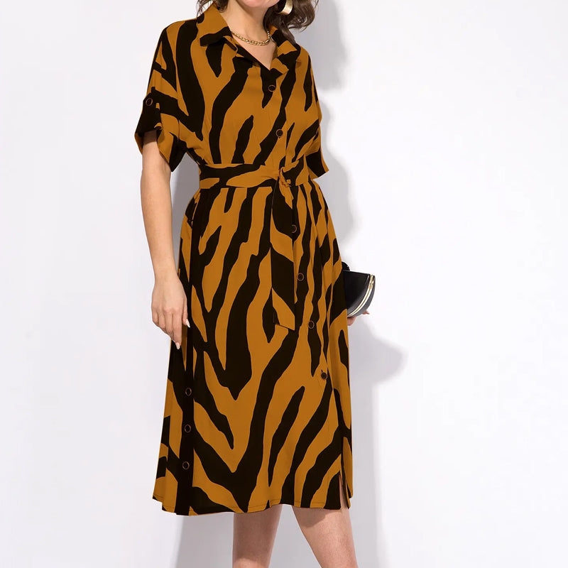 ✨🦓Φόρεμα με V λαιμόκοψη, τυπωμένες ρίγες και μέση-GR