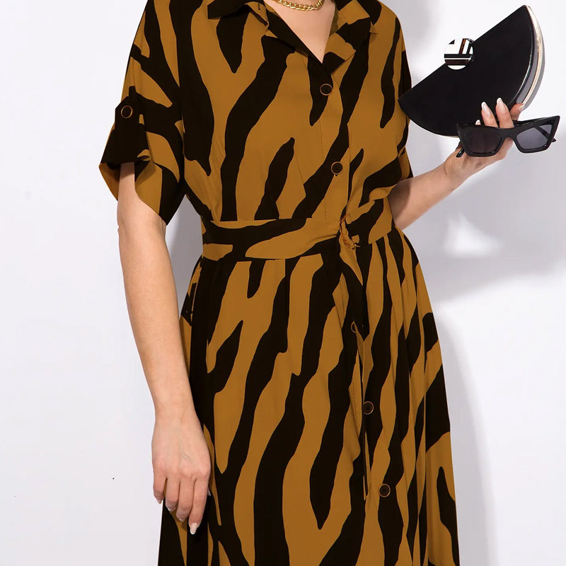 ✨🦓Φόρεμα με V λαιμόκοψη, τυπωμένες ρίγες και μέση-GR