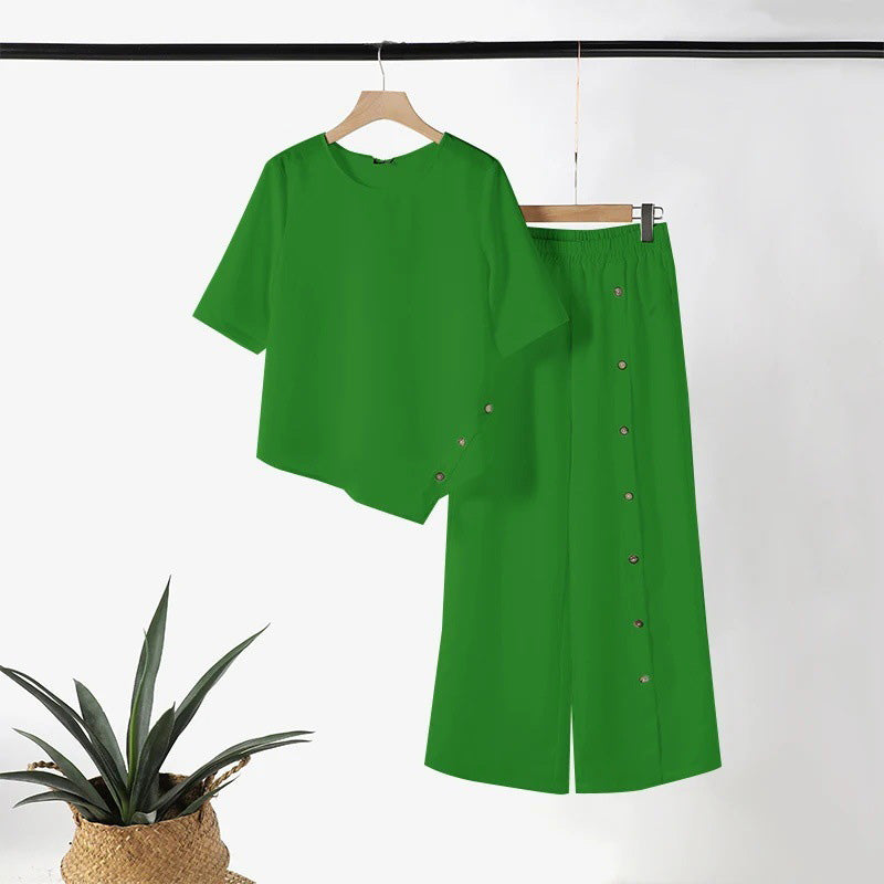 🌿Moteriškas dviejų dalių komplektas: netaisyklingo apačios viršinė ir plačios kelnės☁️-LT