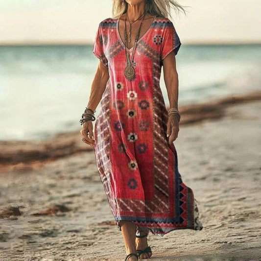 ✨Ženska obleka s kratkimi rokavi in potiskom ter V-izrezom-SI