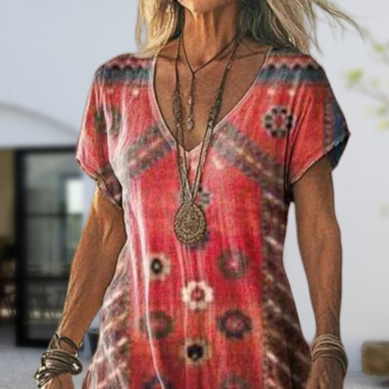 ✨Moteriška trumpų rankovių suknelė su raštu ir V formos iškirpte-LT