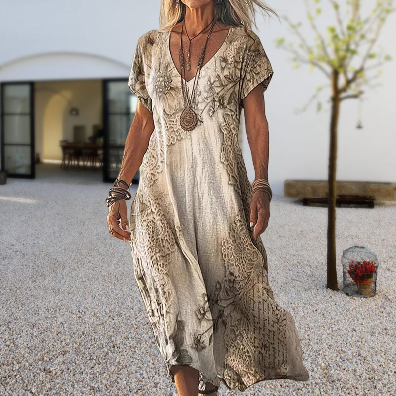 ✨Moteriška trumpų rankovių suknelė su raštu ir V formos iškirpte-LT