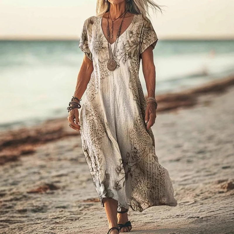 ✨Ženska obleka s kratkimi rokavi in potiskom ter V-izrezom-SI