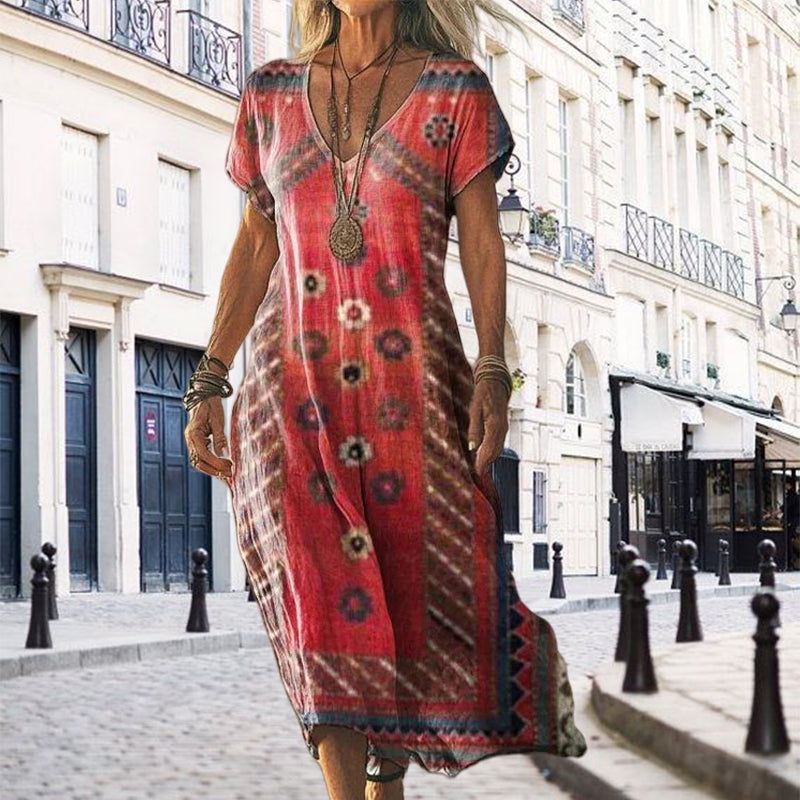 ✨Γυναικείο Φόρεμα με Κοντά Μανίκια και Στάμπα με V Λαιμόκοψη-GR