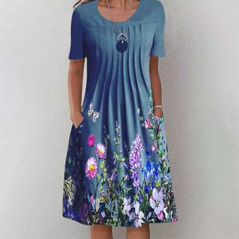 【S-3XL】👗Gėlėta suknelė su apvalia iškirpte-LT