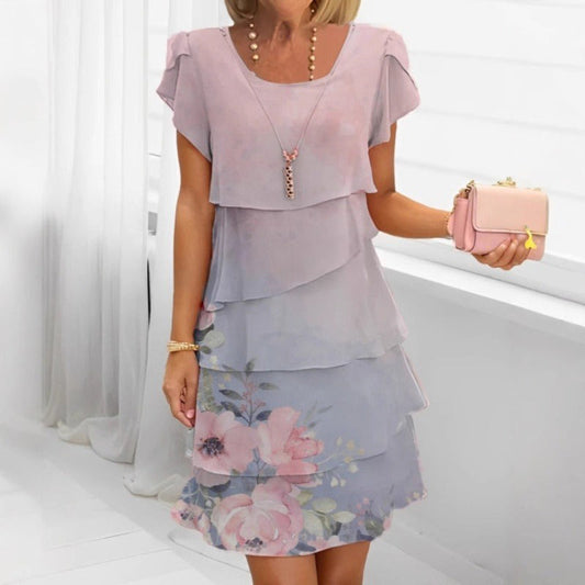 👗Elegantna obleka z okroglim izrezom in cvetličnim potiskom🌸-GR