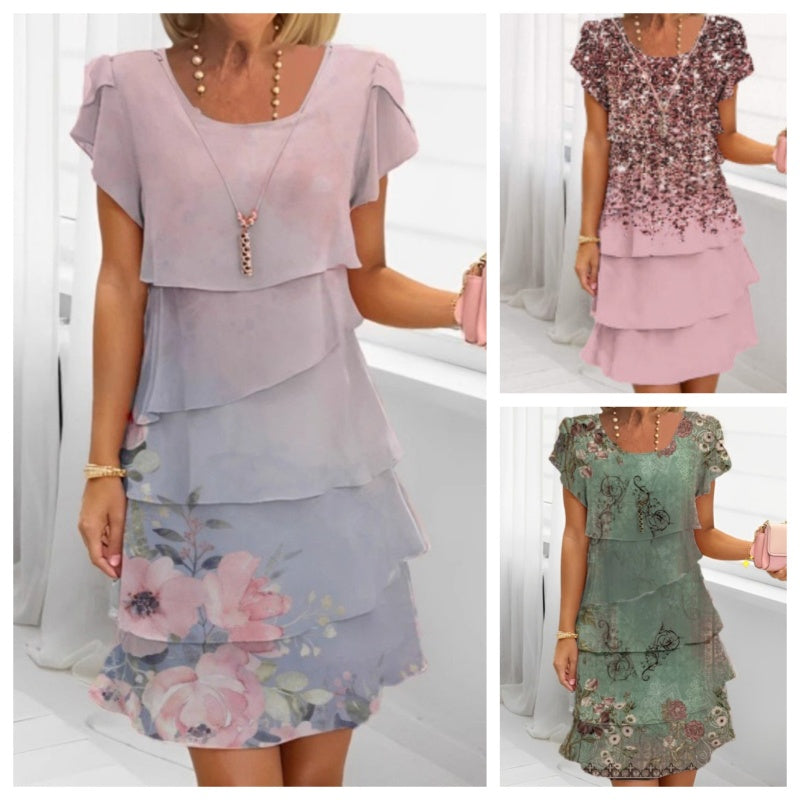 👗Elegantna obleka z okroglim izrezom in cvetličnim potiskom🌸-GR