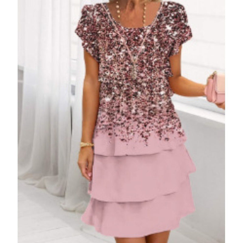 👗Elegantna obleka z okroglim izrezom in cvetličnim potiskom🌸-GR
